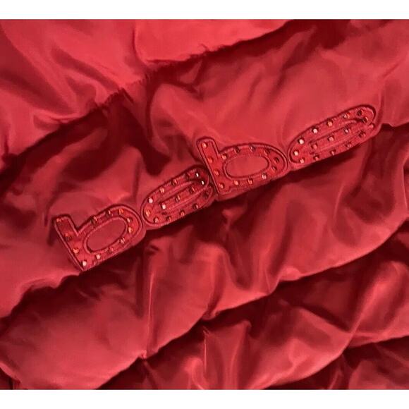 BEBE Red Hooded Puffer Jacket Coat Women L Faux Fur Short Rhinestone - Picture 9 of 16